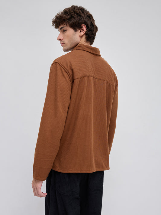 Brown Micro Weave Knitted Oversized Polo Shirt