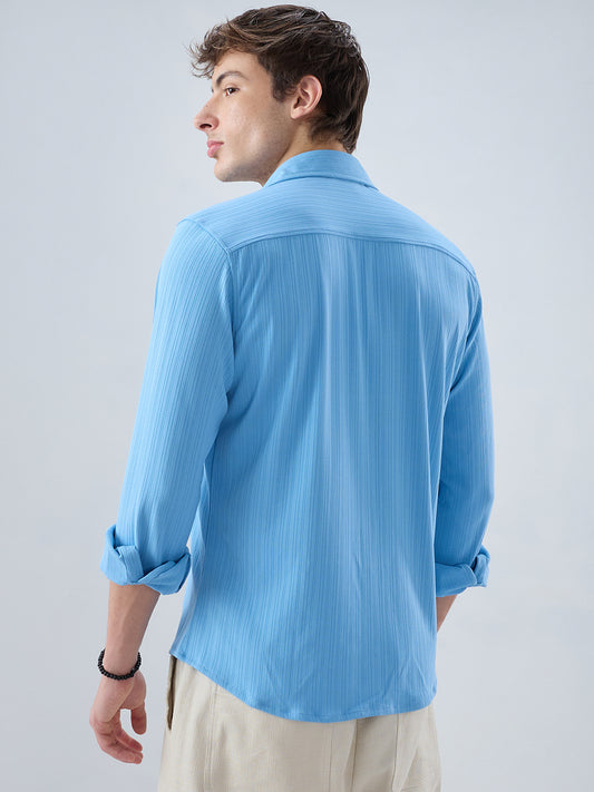 Sky Blue Fine Vertical Ribbed Knitted Shirt