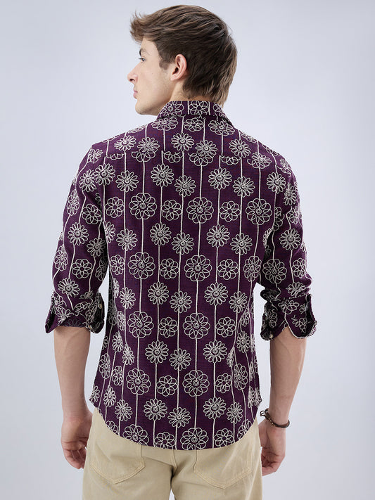 Wine Floral Embroidered Slub Shirt