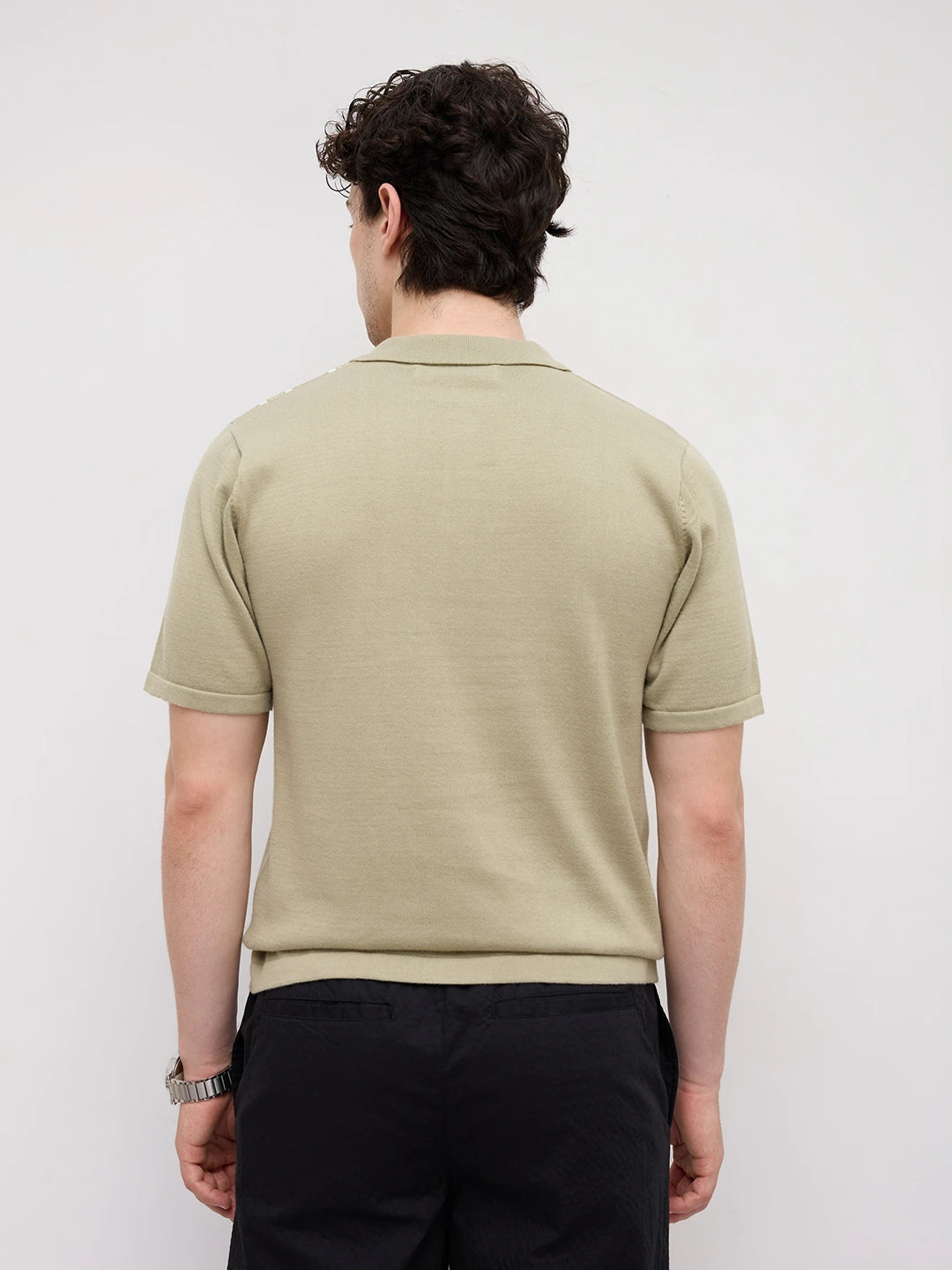 Sage Green Panel Striped Flat Knit Polo T-Shirt