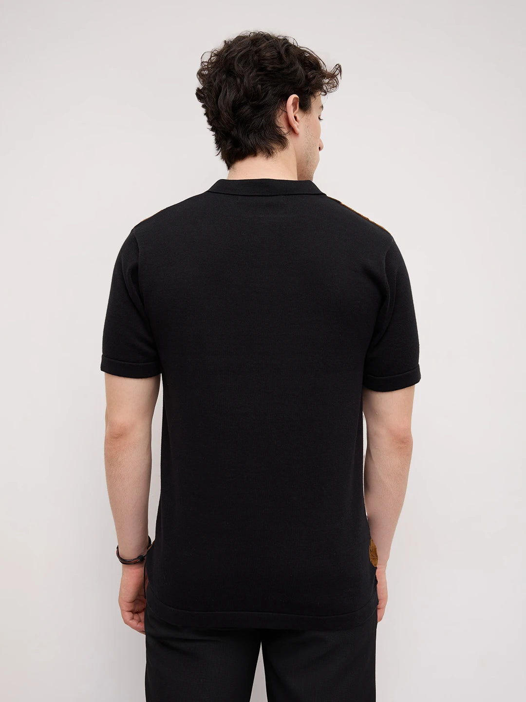 Brown & White Scallop Zip Weave Flat Knit Polo T-Shirt