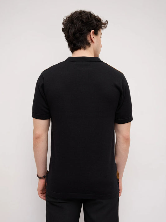 Brown & White Scallop Zip Weave Flat Knit Polo T-Shirt