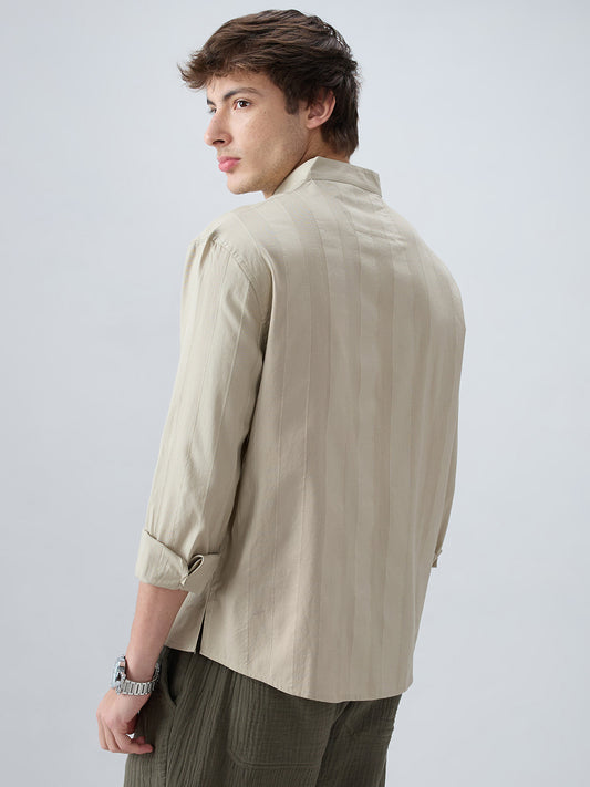 Sandstone Khaki Panel Textured Stand Collar Oversized Shirt