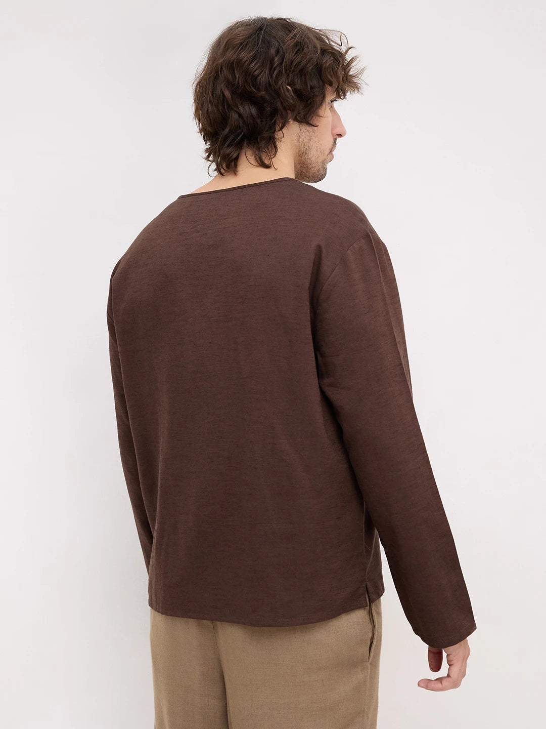 Espresso Brown Linen Blend Henley Neck Oversized Shirt