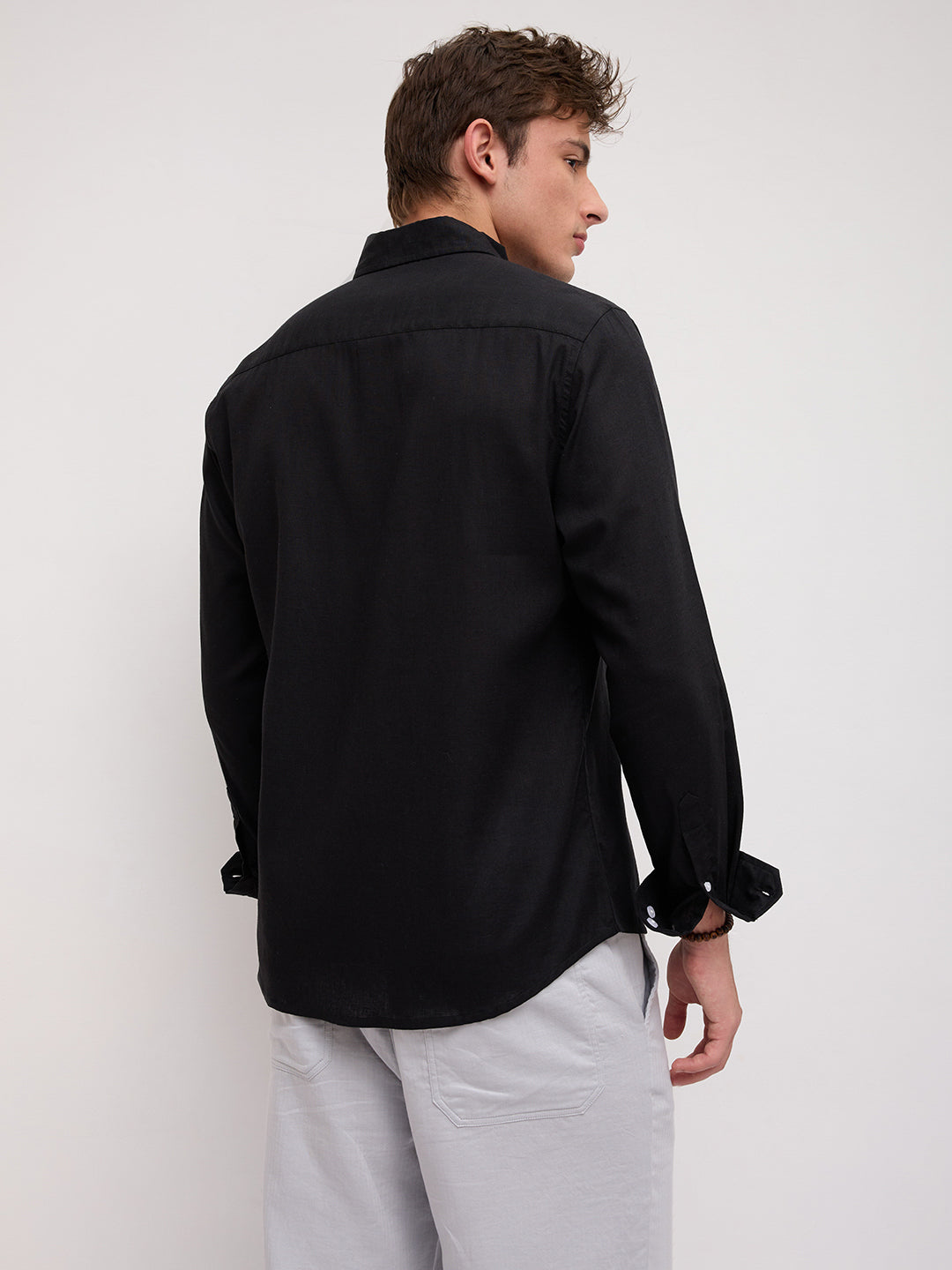 Luxe Black Button-Down Collar Linen Blend Shirt
