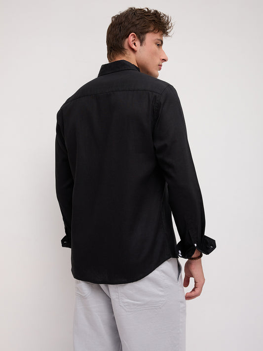 Luxe Black Button-Down Collar Linen Blend Shirt