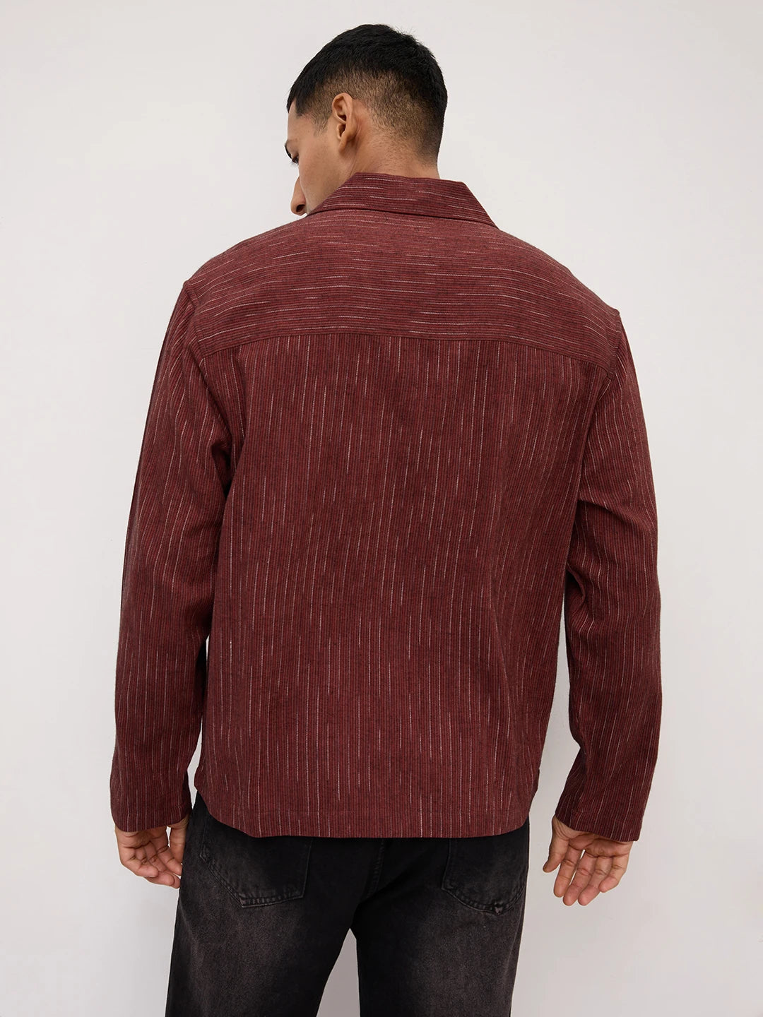 Elegant Maroon Multi-Stripe Weave Oversized Notch Collar Shirt