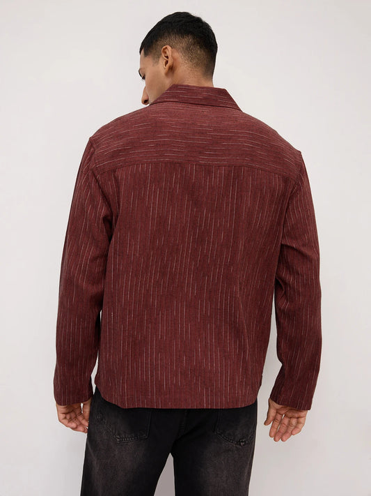 Elegant Maroon Multi-Stripe Weave Oversized Notch Collar Shirt
