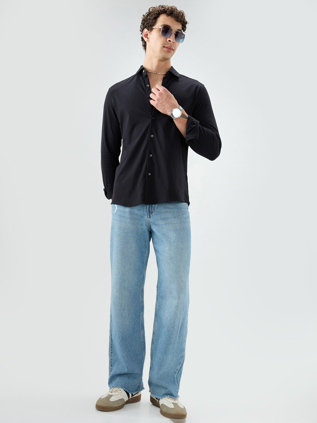 Elegant Black Knit Textured Shirt