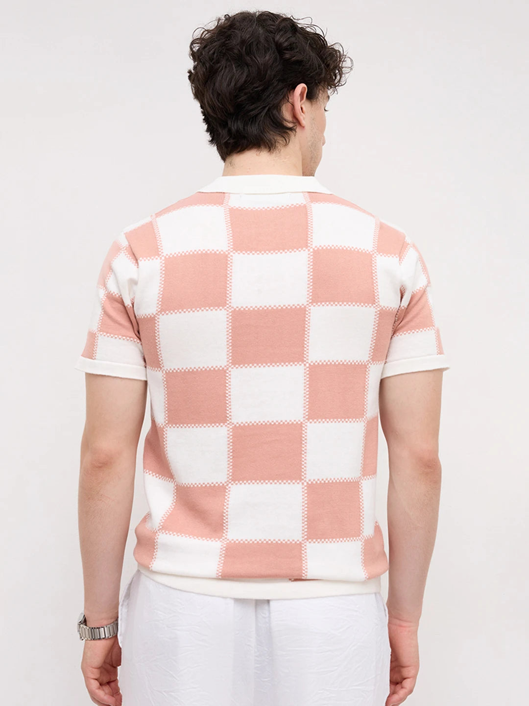 Scalloped Soft Peach Block Checks Polo Flat Knit T-shirt