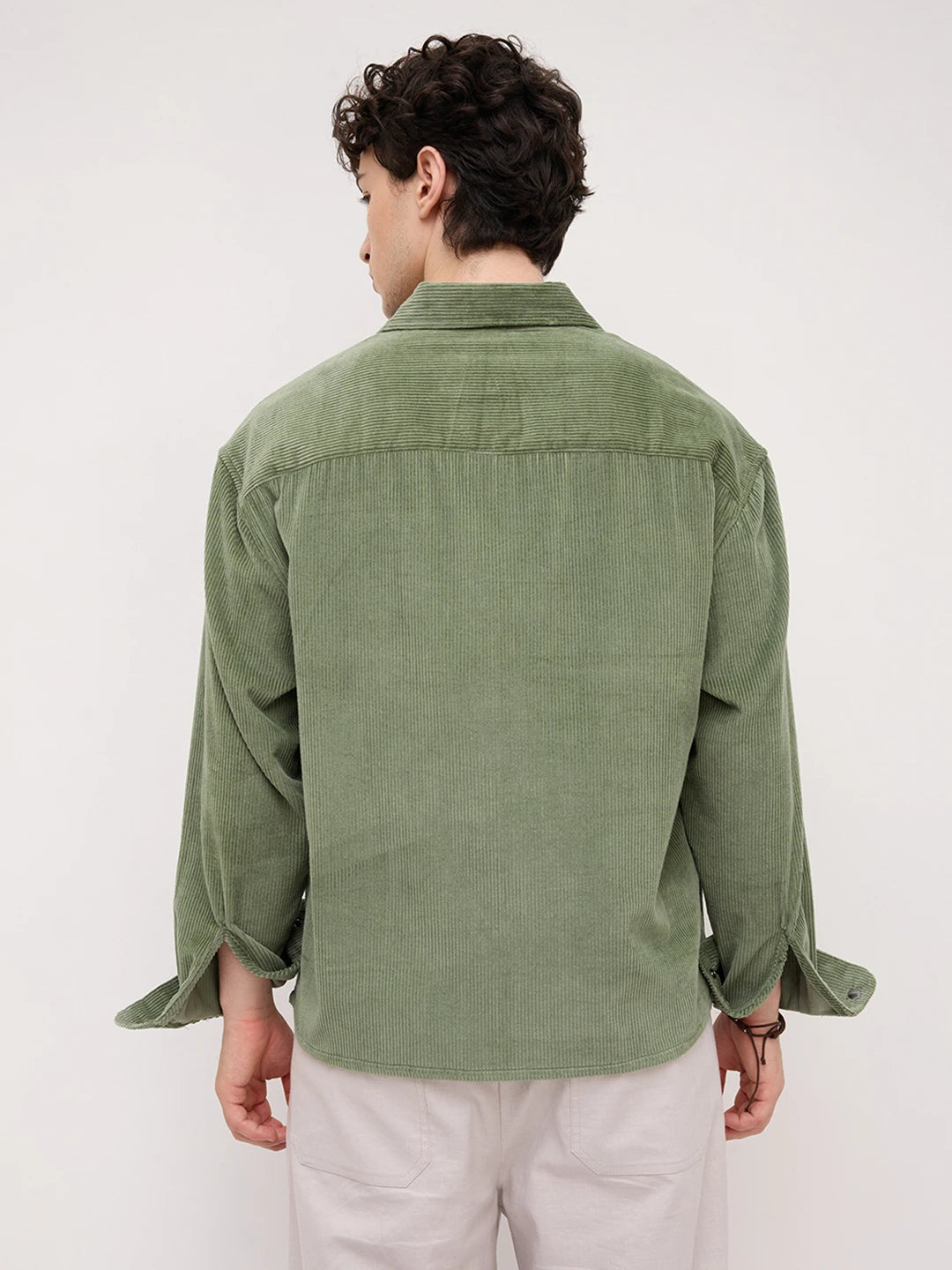 Green Mossline Structured Corduroy Boxy Fit Crop Shirt
