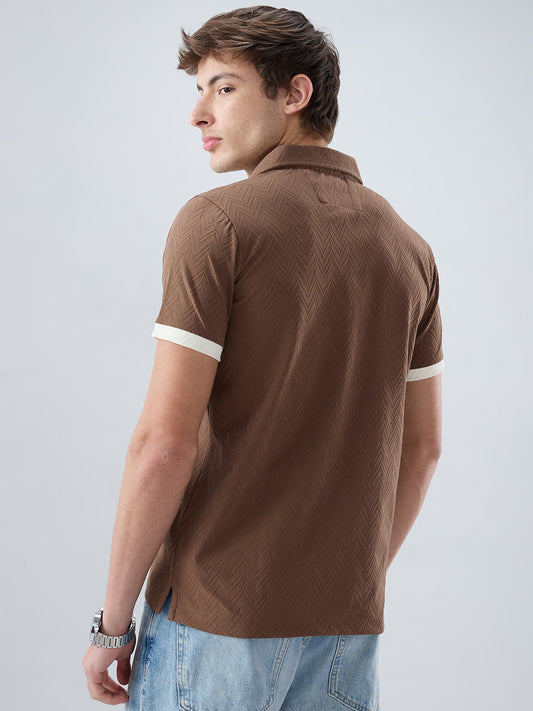 Brown Chevron Contrast Knit Polo Neck T-shirt