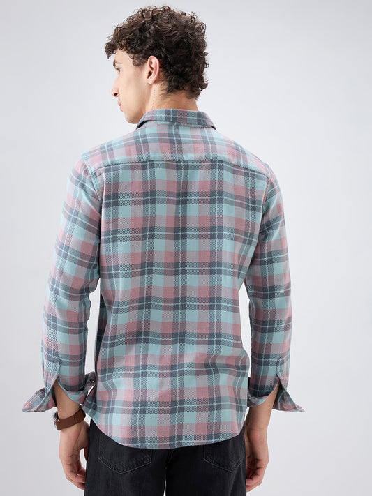 Vintage Blue Diagonal Textured Overlay Checks Shirt