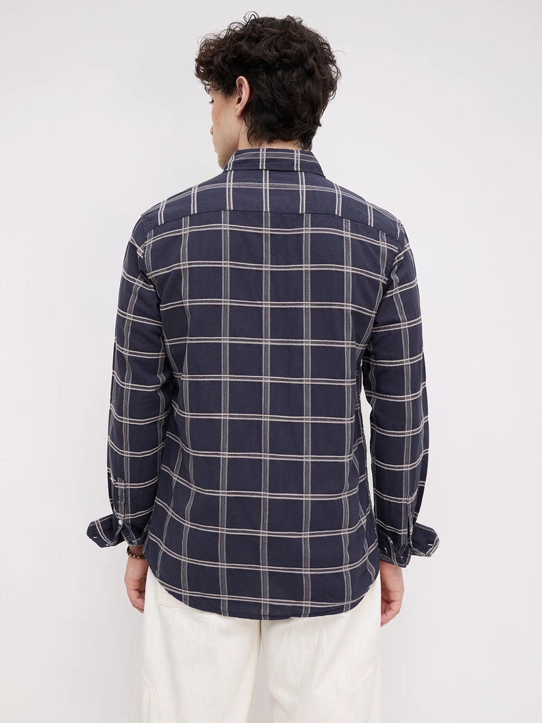 Navy Dimensional Contrast Windowpane Checks Shirt