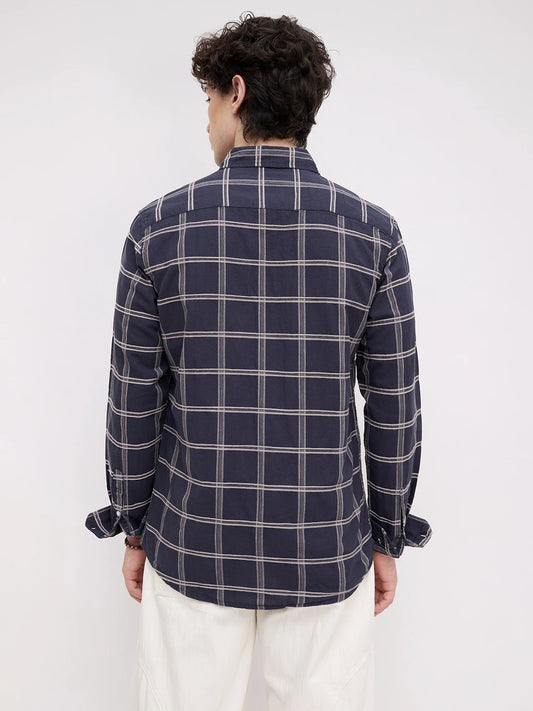 Navy Dimensional Contrast Windowpane Checks Shirt