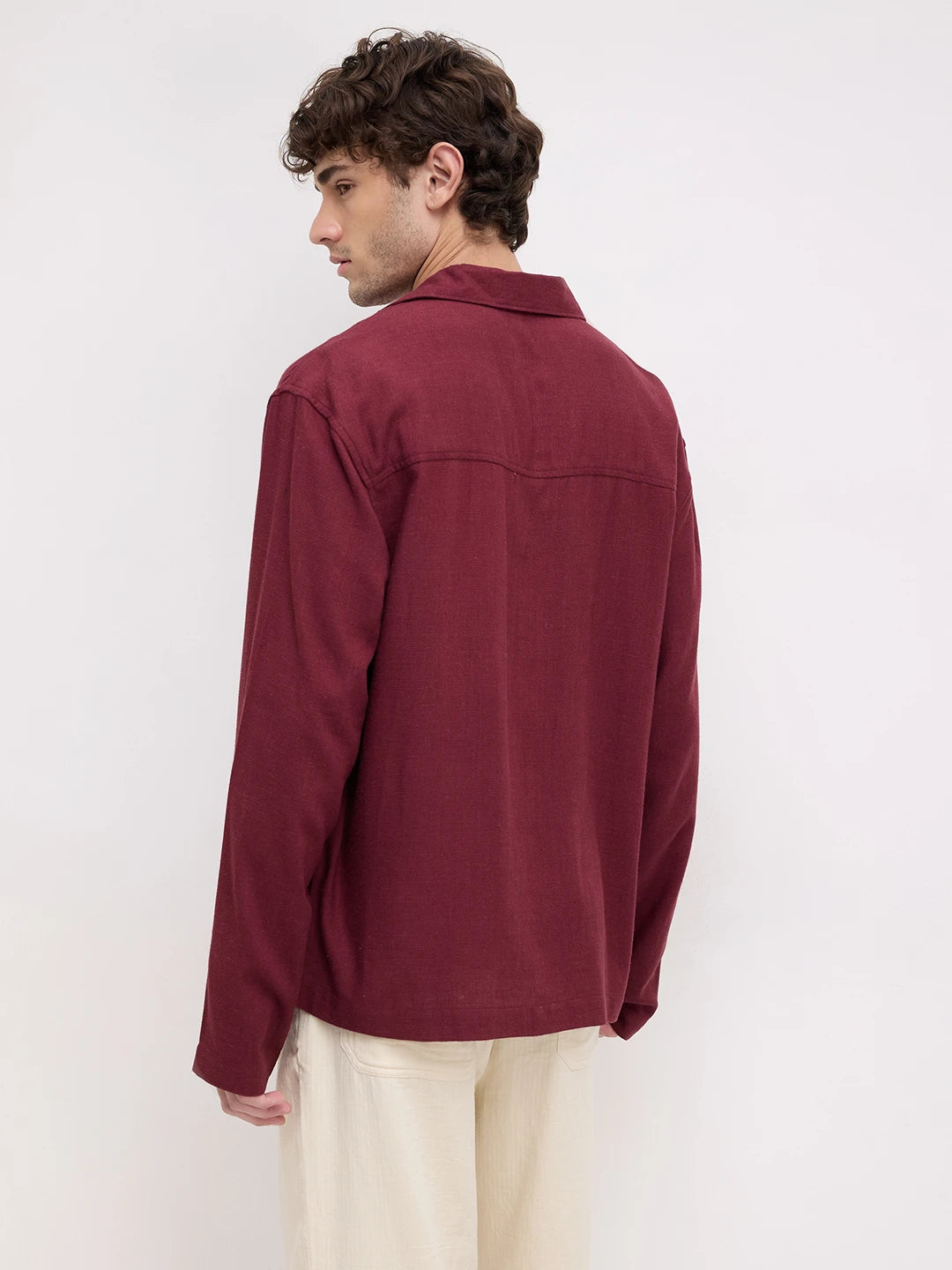 Maroon Fine Textured Linen Blend Notch Collar Oversized Shirt