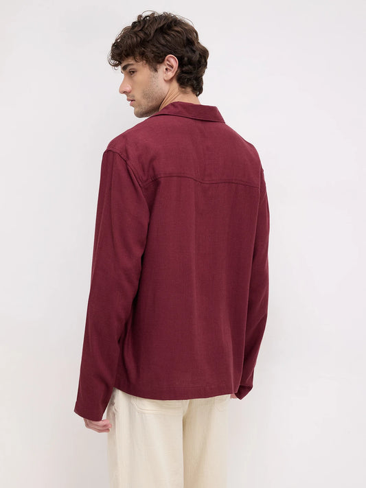 Maroon Fine Textured Linen Blend Notch Collar Oversized Shirt