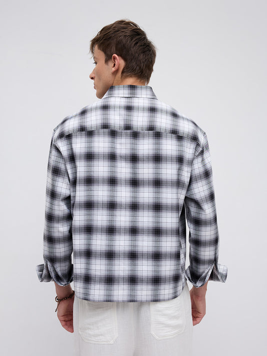 Black & White Tartanique Checked Boxy Fit Crop Shirt