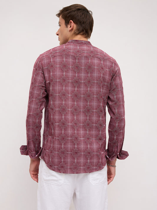 Maroon Glitch Micro Check Textured Matrix Everyday Kurta