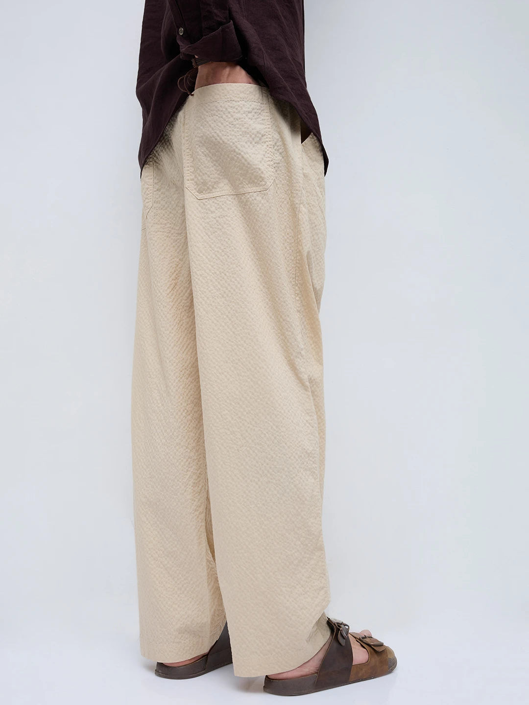 Sand Beige Crinkled Straight Fit Trousers