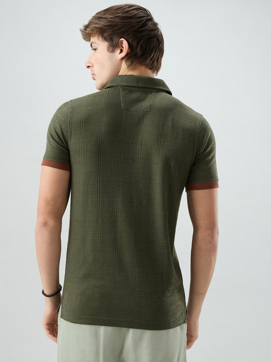 Green Contrast Polo Neck Knit T-shirt
