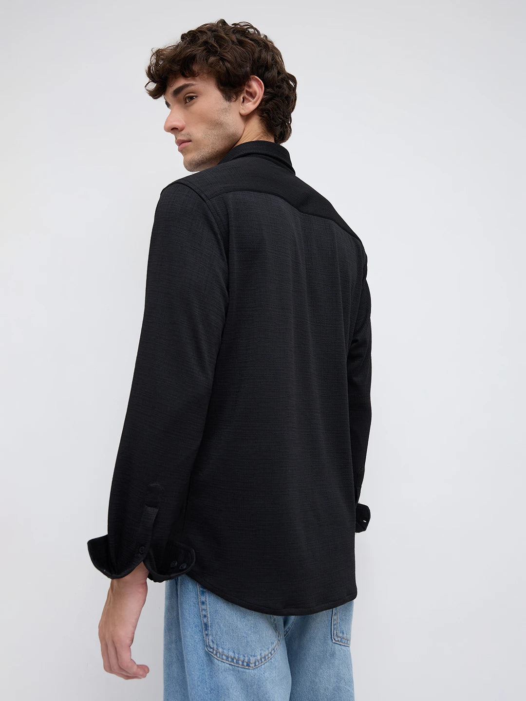 Black Mini Checks Textured Knitted Shirt