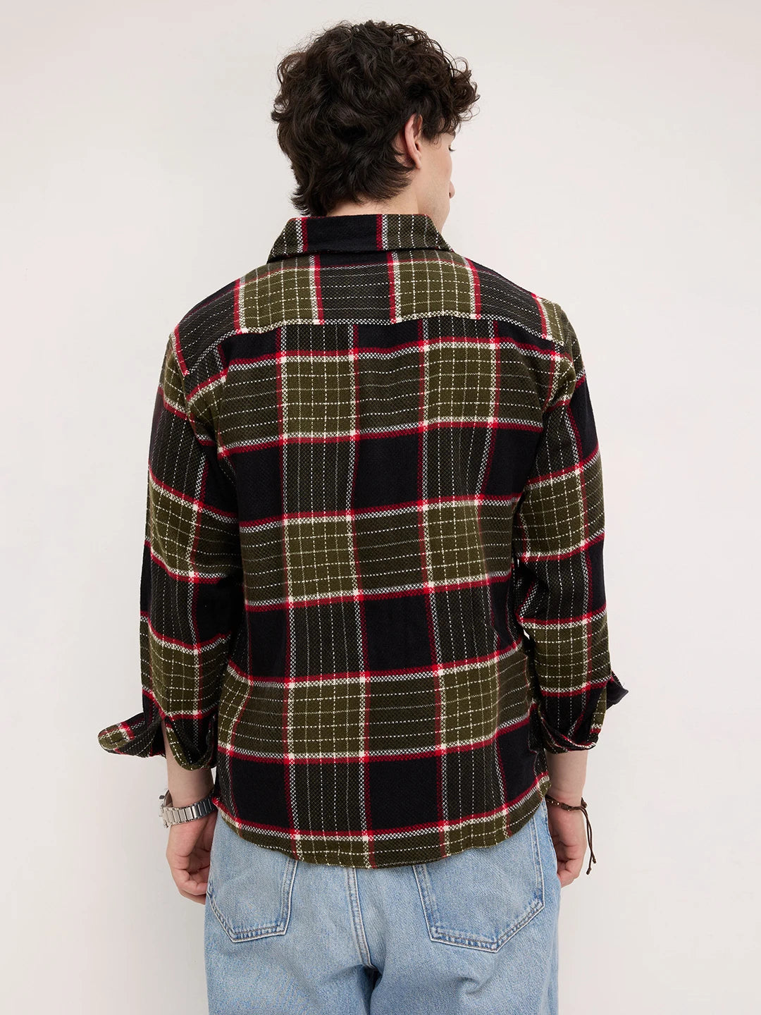 Premium Red & Olive Checks Double Pocket Boxy Fit Crop Shirt