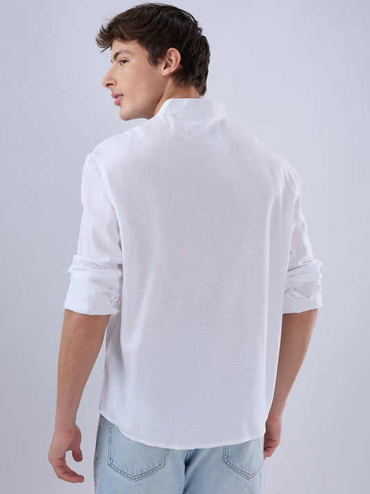 Pure White Linen Blend Stand Collar Oversized Shirt