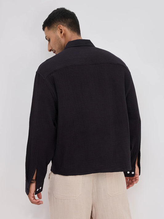 Charming Black Double Cloth Boxy Fit Crop Shirt