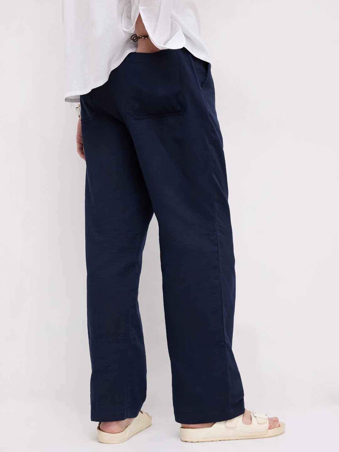 Navy Herringbone Textured Straight Fit Trousers