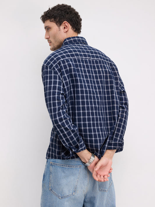 Elevated Navy Heathered Checks Boxy Fit Crop Shirt