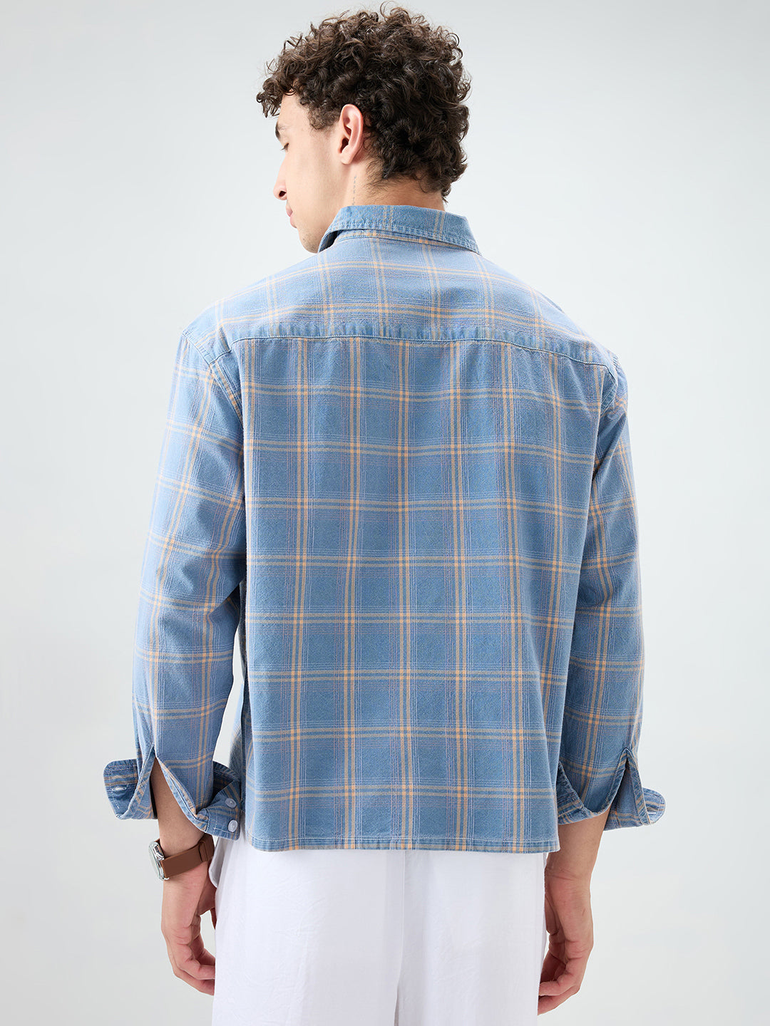 Denim Blue & Yellow Multi Line Checks Boxy Fit Crop Shirt