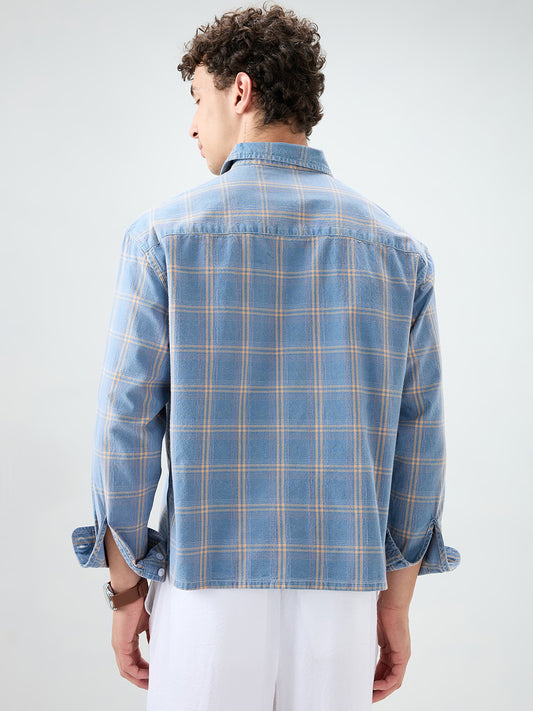 Denim Blue & Yellow Multi Line Checks Boxy Fit Crop Shirt