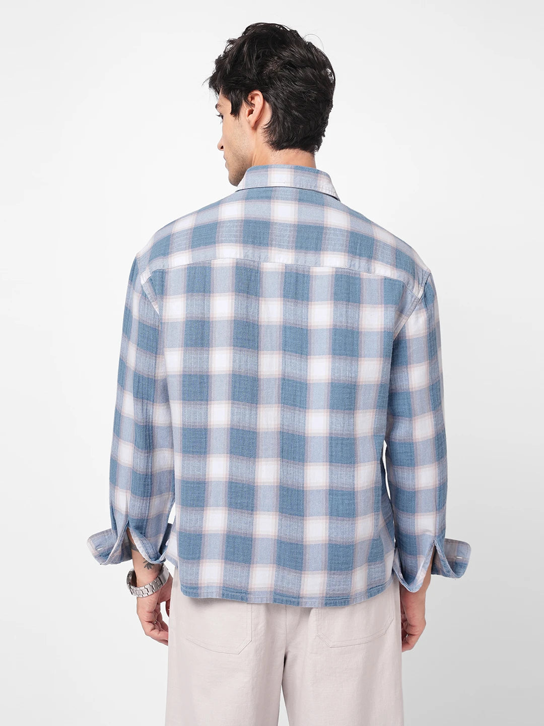 Denim Blue Block Checks Boxy Fit Crop Shirt