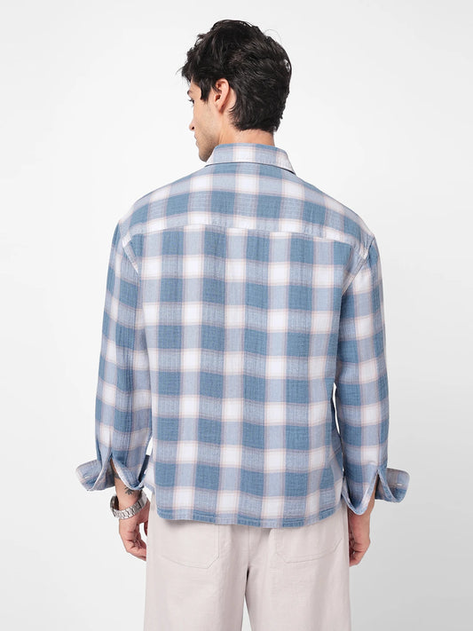 Denim Blue Block Checks Boxy Fit Crop Shirt