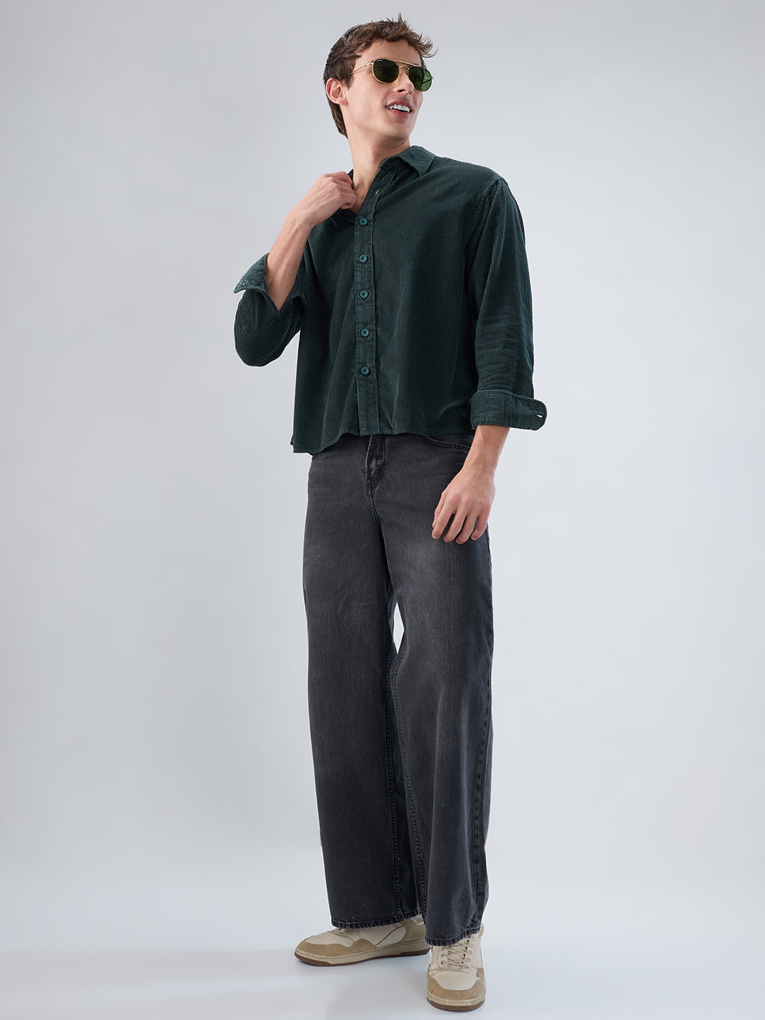 Sacremento Green Corduroy Boxy Fit Crop Shirt