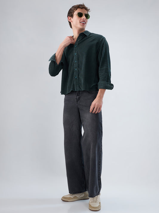 Sacremento Green Corduroy Boxy Fit Crop Shirt