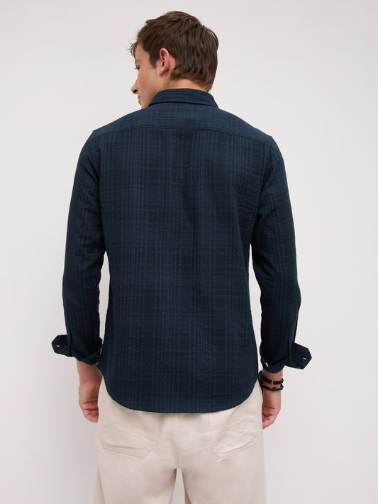 Plush Teal Ledger Checks Double Cloth Shirt