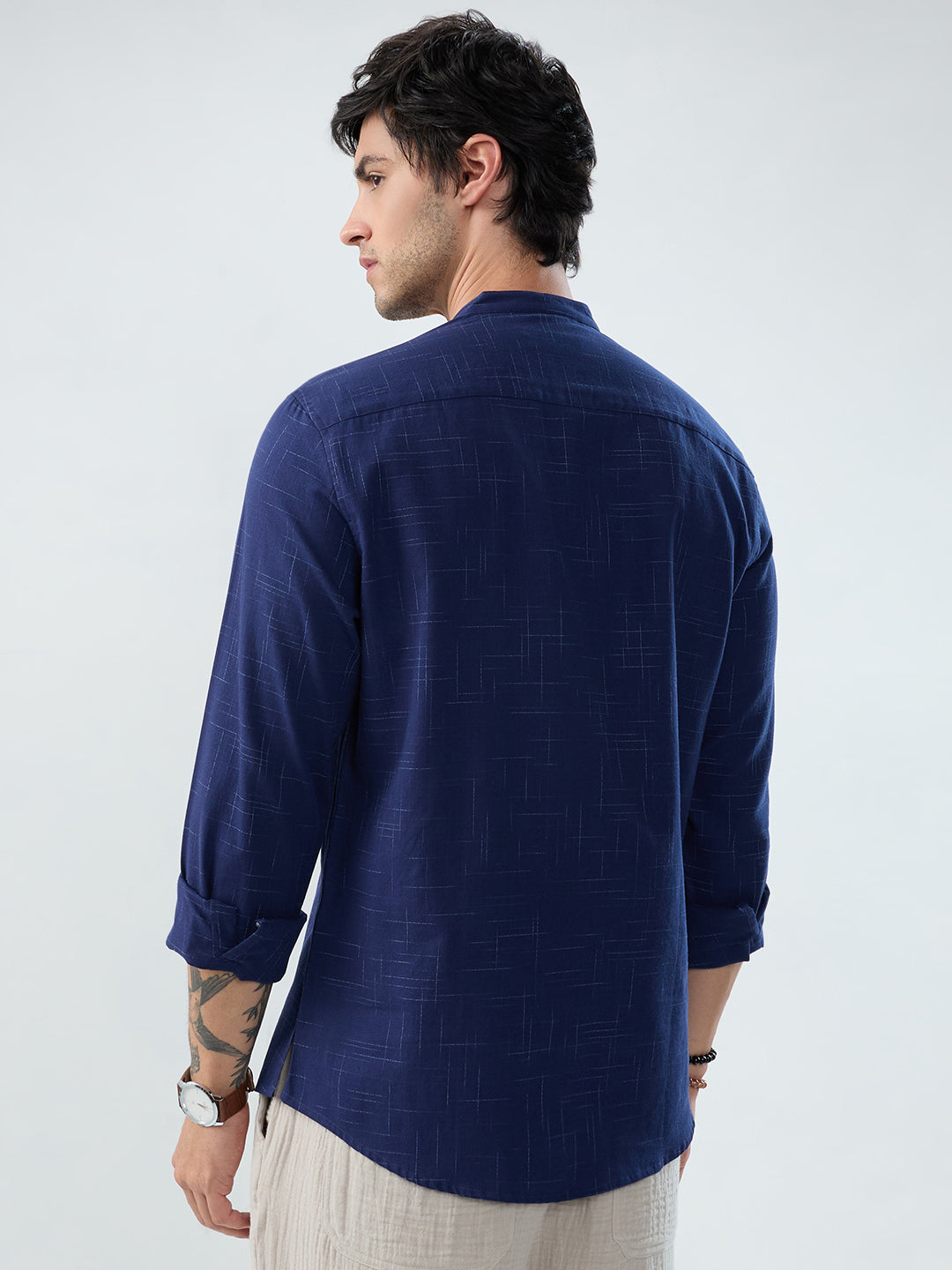 Minimal Night Blue Line Weave Kurta