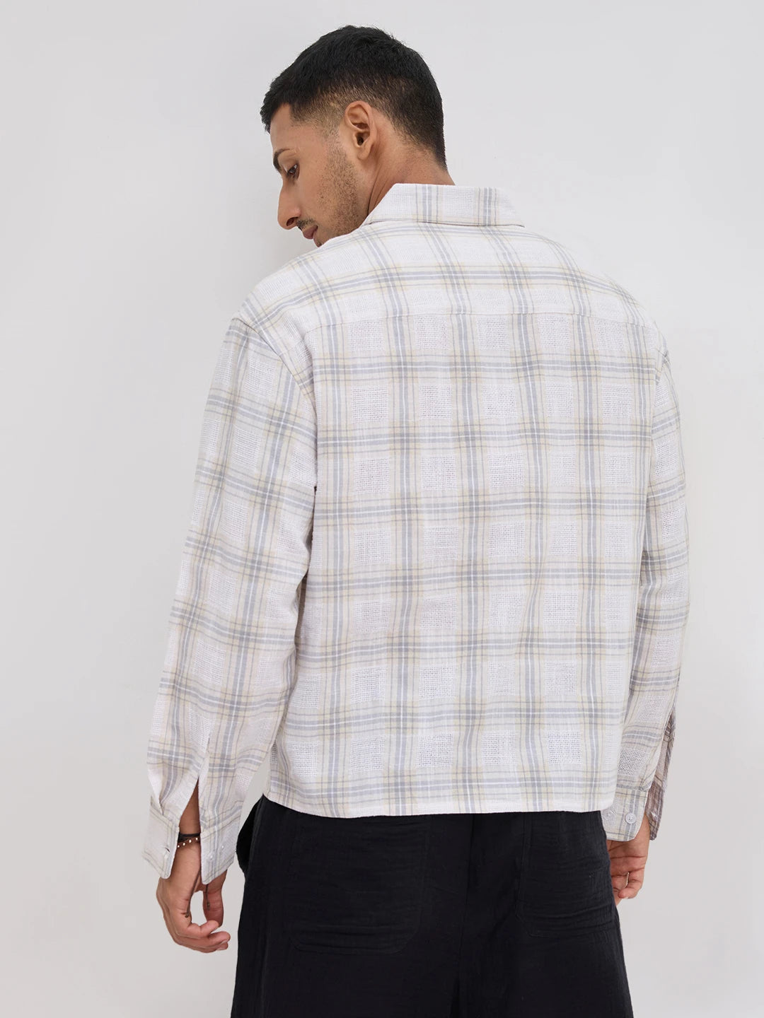 Grey & Ivory Structured Check Weave Boxy Fit Crop Shirt