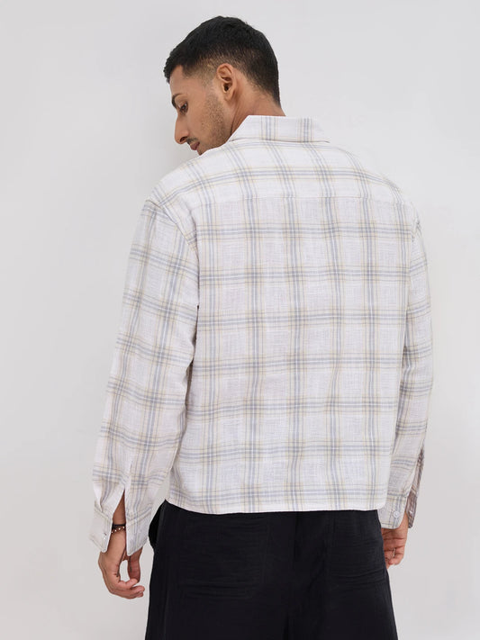 Grey & Ivory Structured Check Weave Boxy Fit Crop Shirt