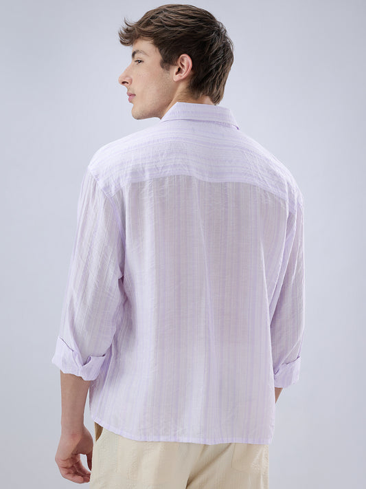 Elegant Lavender Airstripe Crinkled Boxy Fit Crop Shirt