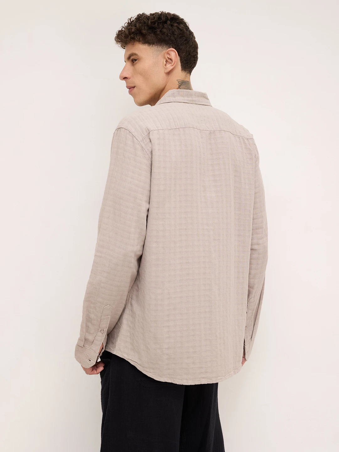 Grey Horizontal Striped Textured Shirt