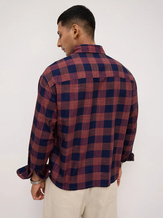 Autumn Navy & Brown Block Checks Boxy Fit Crop Shirt