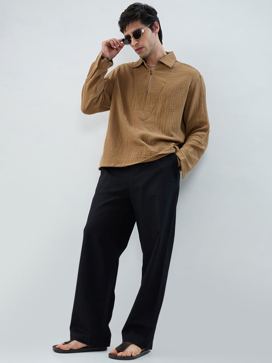 Solid Black Straight-Fit Trousers