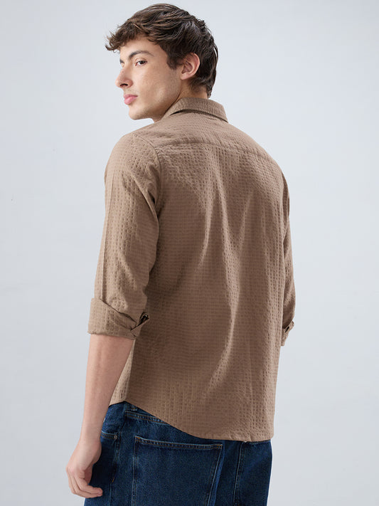 Mocha Brown Box Checks Embossed Double Cloth Shirt