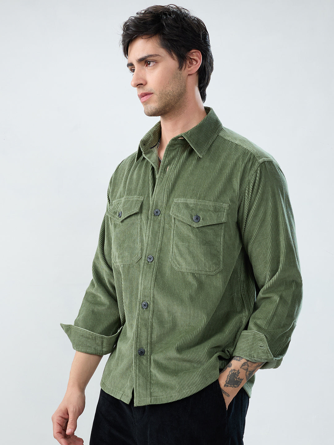 Green Mossline Structured Corduroy Double Pocket Overshirt