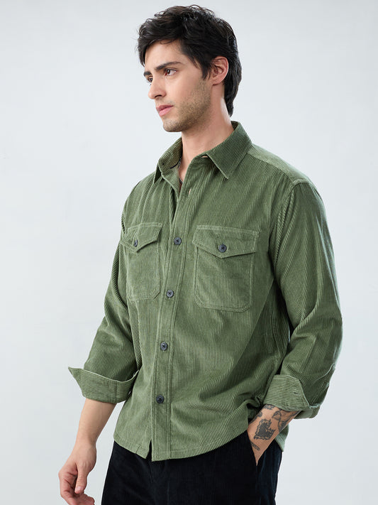 Green Mossline Structured Corduroy Double Pocket Overshirt