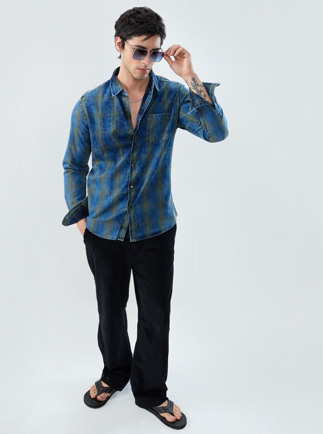 Versatile Navy & Green Denim Plaid Checks Shirt