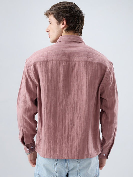 Dusty Peach Double Cloth Seersucker Striped Boxy Fit Crop Shirt
